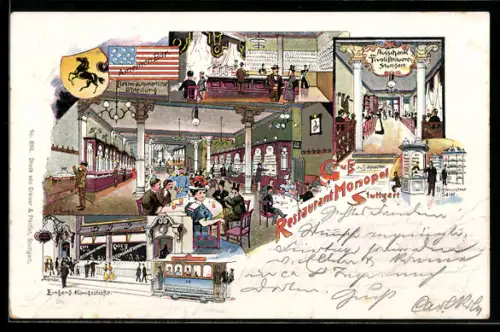 Lithographie Stuttgart, Restaurant Monopol, Eingang in der Königsstrasse mit Strassenbahn