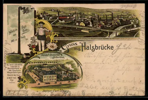 Lithographie Halsbrücke, Totalansicht, Bahnhofs-Restaurant Silberblick