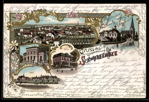 Lithographie Schwarzenbek, Sparkasse, Kirche, Villen, Schule