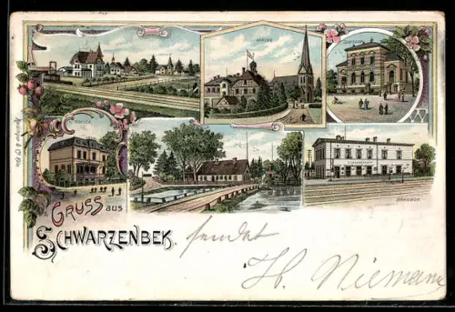 Lithographie Schwarzenbek, Sparkasse, Bahnhof, Schule
