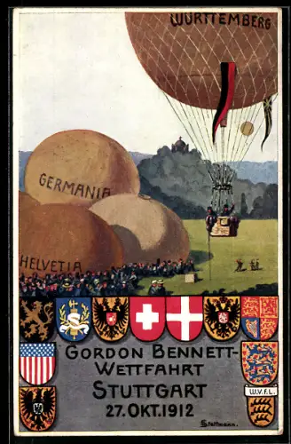 Künstler-AK Stuttgart, Gordon Bennet-Wettfahrt 1912, Beginn des Ballon-Rennens, Wappen