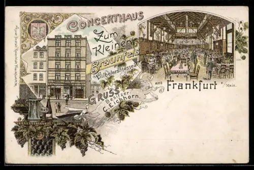 Lithographie Frankfurt a. Main, Gasthaus zum kleinen Braunfels, Besitzer C. Eichhorn, Vilbelerstrasse 27