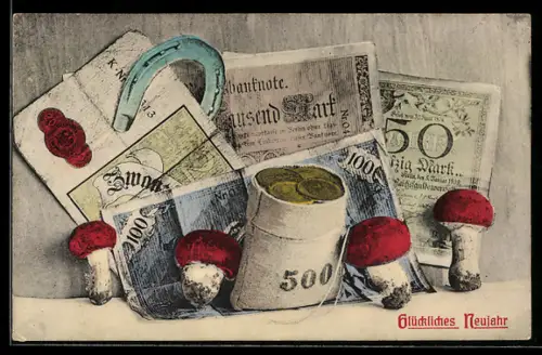 AK Neujahrsgruss, Geld, Pilze & Hufeisen