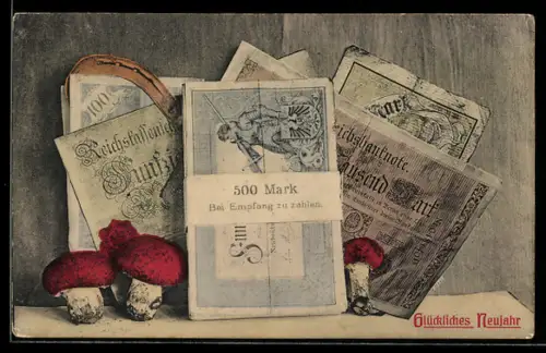AK Glückliches Neujahr, Banknoten und Pilze