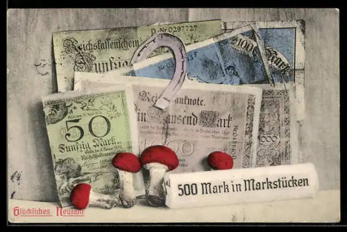 AK Diverse Reichsmark-Scheine mit Hufeisen und Fliegenpilzen