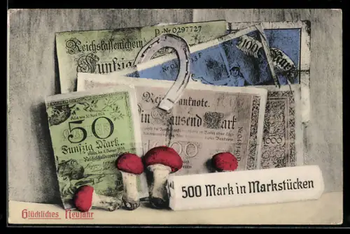 AK Diverse Reichsmark-Scheine mit Fliegenpilzen und Hufeisen