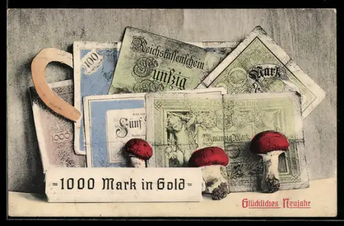 AK Diverse Reichsmark-Scheine mit Fliegenpilzen und Hufeisen