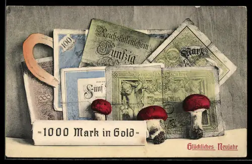 AK Diverse Reichsmark-Scheine mit Fliegenpilzen und Hufeisen