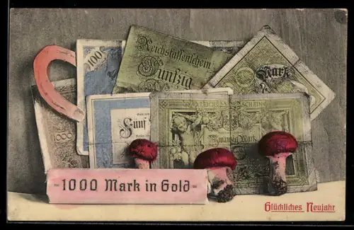 AK Diverse Reichsmark-Scheine mit Fliegenpilzen und Hufeisen