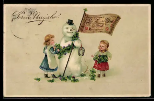 Präge-AK Schneemann mit Eintausend Reichsmark-Schein als Fahne mit Kindern, Klee und Hufeisen