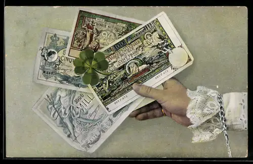 AK Hand mit Geldscheinen und Kleeblatt, Neujahrsgruss