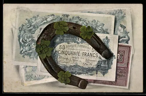 AK Französische Geldscheine mit Hufeisen und Kleeblättern