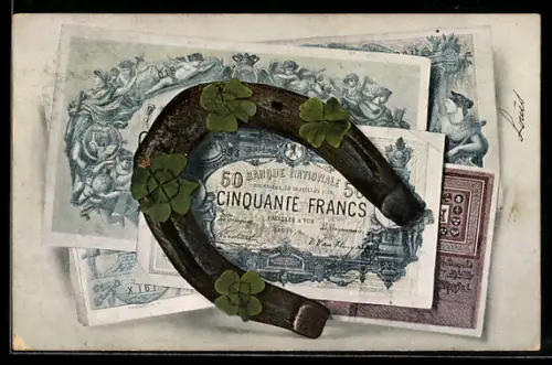 AK Französische Geldscheine mit Hufeisen und Kleeblättern