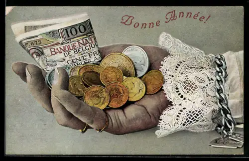 AK Hand mit Geldschein- und Münzen