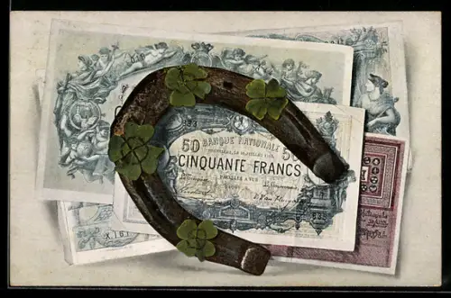 AK Französische Geldscheine mit Hufeisen und Kleeblättern