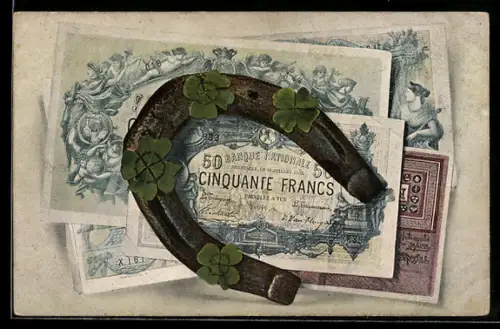 AK Französische Geldscheine mit Hufeisen und Kleeblättern