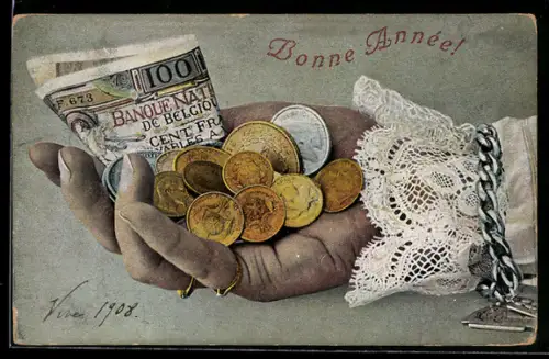 AK Hand mit Geldschein- und Münzen