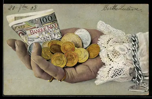 AK Hand mit Geldschein- und Münzen