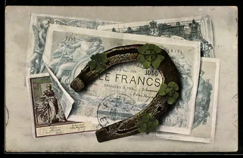 AK Belgische Geldscheine, Hufeisen und Kleeblätter