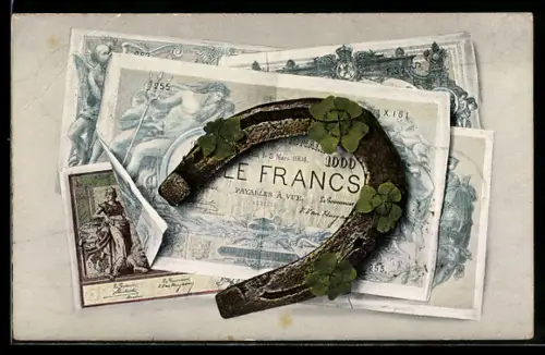 AK Belgische Geldscheine, Hufeisen und Kleeblätter