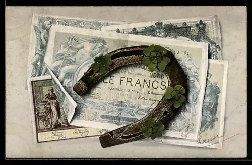 AK Belgische Geldscheine, Hufeisen und Kleeblätter