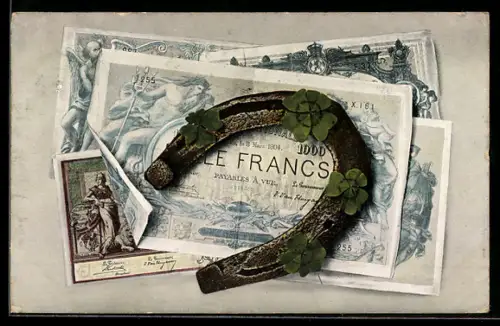AK Belgische Geldscheine, Hufeisen und Kleeblätter