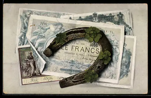 AK Belgische Geldscheine, Hufeisen und Kleeblätter