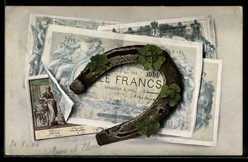 AK Belgische Geldscheine, Hufeisen und Kleeblätter