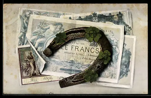 AK Belgische Geldscheine, Hufeisen und Kleeblätter