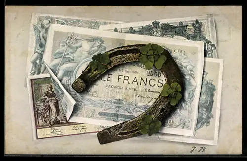 AK Belgische Geldscheine, Hufeisen und Kleeblätter