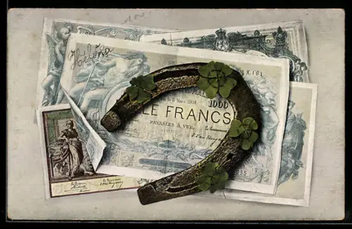 AK Belgische Geldscheine, Hufeisen und Kleeblätter