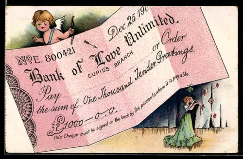 AK Amor mit Bogen und einem Schein der Bank of Love Unlimited eintausend zärtliche Grüsse