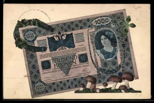 AK Tausend Kronen Schein mit Hufeisen, Kleeblättern und Pilzen
