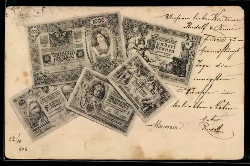 AK Österreich-Ungarische Geldscheine, Tausend, Hundert und Zwanzig Kronen