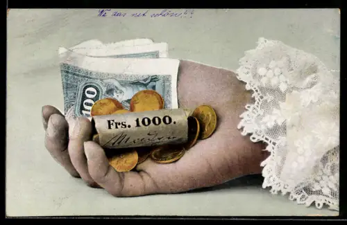 AK Hand mit Geldscheinen und Münzen