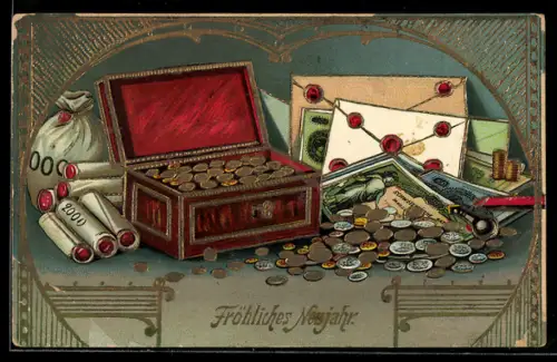 Präge-AK Kassette und Beutel voller Geldmünzen