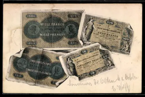 AK Französische Geldscheine: Mille Francs, Cent Francs & Cinquante Francs