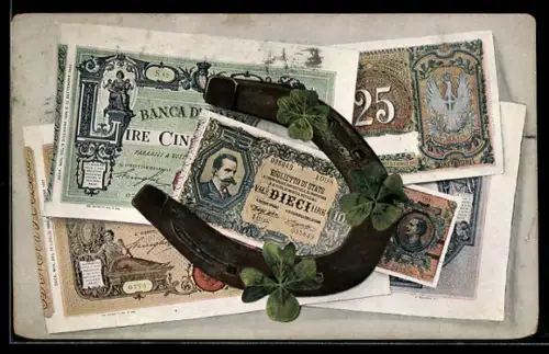 AK Zehn Lire-Schein mit Hufeisen und Kleeblättern