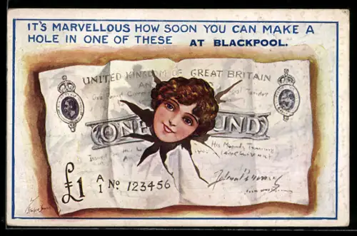 Künstler-AK sign. W. Stocker Shaw: Junge Frau bricht durch einen Ein Pfund Sterling-Schein