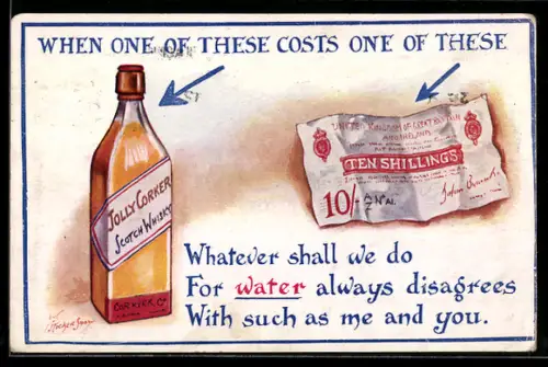 Künstler-AK sign. W. Stocker Shaw: Zehn britische Shilling-Schein und eine Flasche Scotch