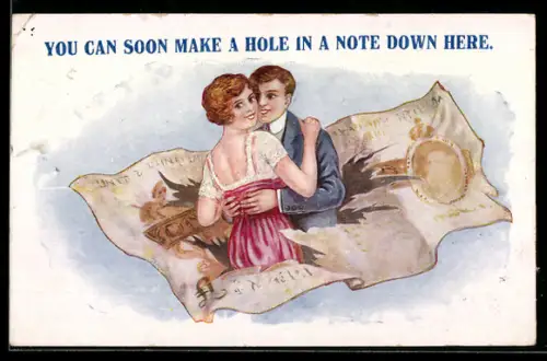 AK Liebespaar duch zerrissenen Geldschein