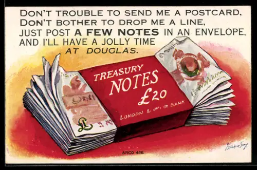 Künstler-AK Douglas, Bündel Geldscheine