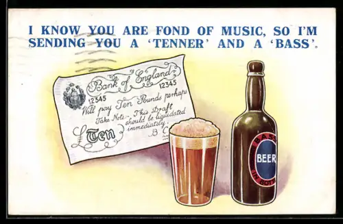AK Zehn Pfund Sterling-Schein mit einer Flasche Bier daneben