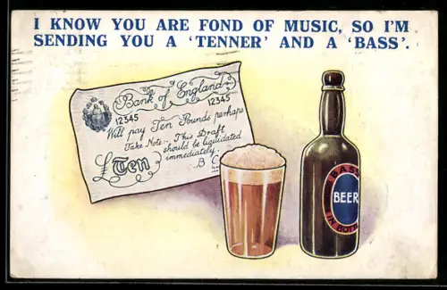 AK Zehn Pfund Sterling-Schein mit Bierflasche