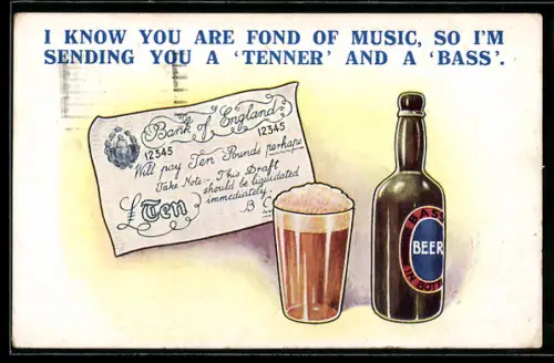 AK Zehn Pfund Sterling-Schein mit einer Flasche Bier