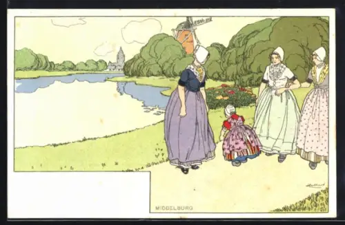 Künstler-AK Henri Cassiers: Middelburg, Frauen mit Kind im PArk