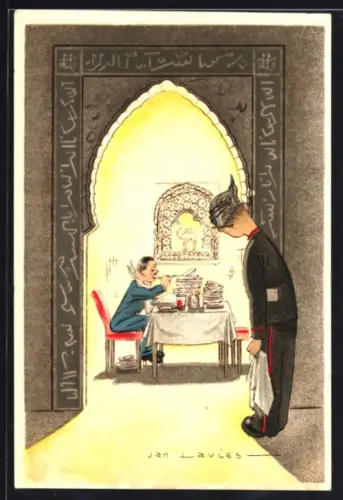 Künstler-AK Den Haag, Indisches Restaurant Tampat Senang, L. V. Meerdervoort 6