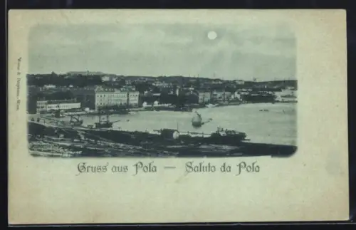 Mondschein-AK Pola, Totalansicht des Ortes
