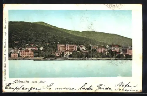 Goldfenster-AK Abbazia, Ortsansicht vom Meer, Häuser mit leuchtenden Fenstern