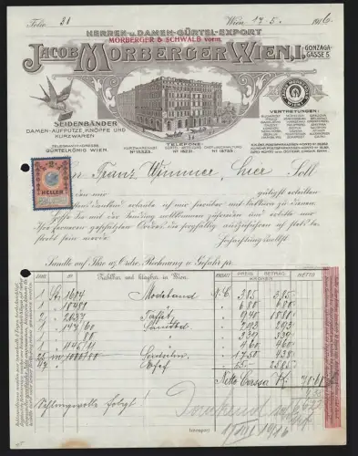 Rechnung Wien, 1916, Jacob Morberger, Herren- u. Damen-Gürtel, Seidenbänder, Kurzwaren, Blick auf die Fabrik